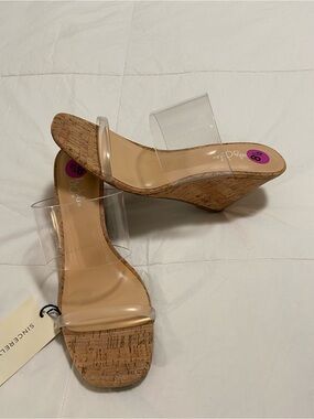 Sincerly Jules Clear Strap Cork Wedge Sandals - Nude/Clear